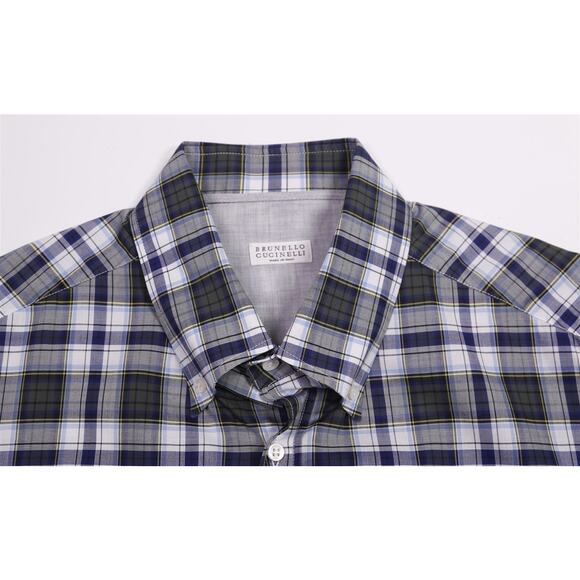 Brunello Cucinelli Blue Green Plaid Cotton Button-Up Shirt Men's 3XL XXXL - Picture 5 of 6